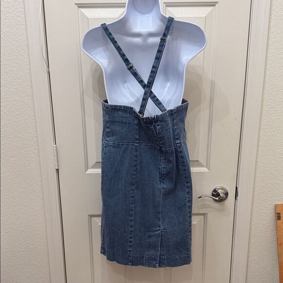 Lux Blue Denim Mini Dress Adjustable Straps Size 10 Square Neck Slit Back - Picture 7 of 12